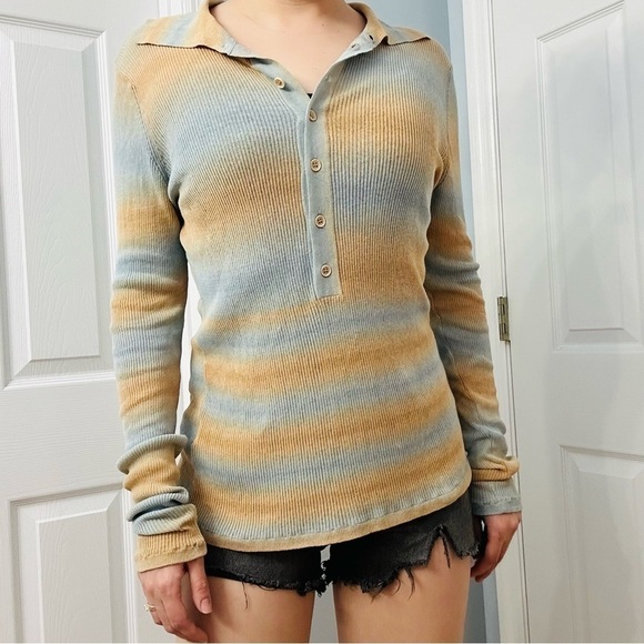 Rodebjer Top Polo Shirt Button Up Knit Striped Blue Tan Minimalist Size Medium - Picture 1 of 7